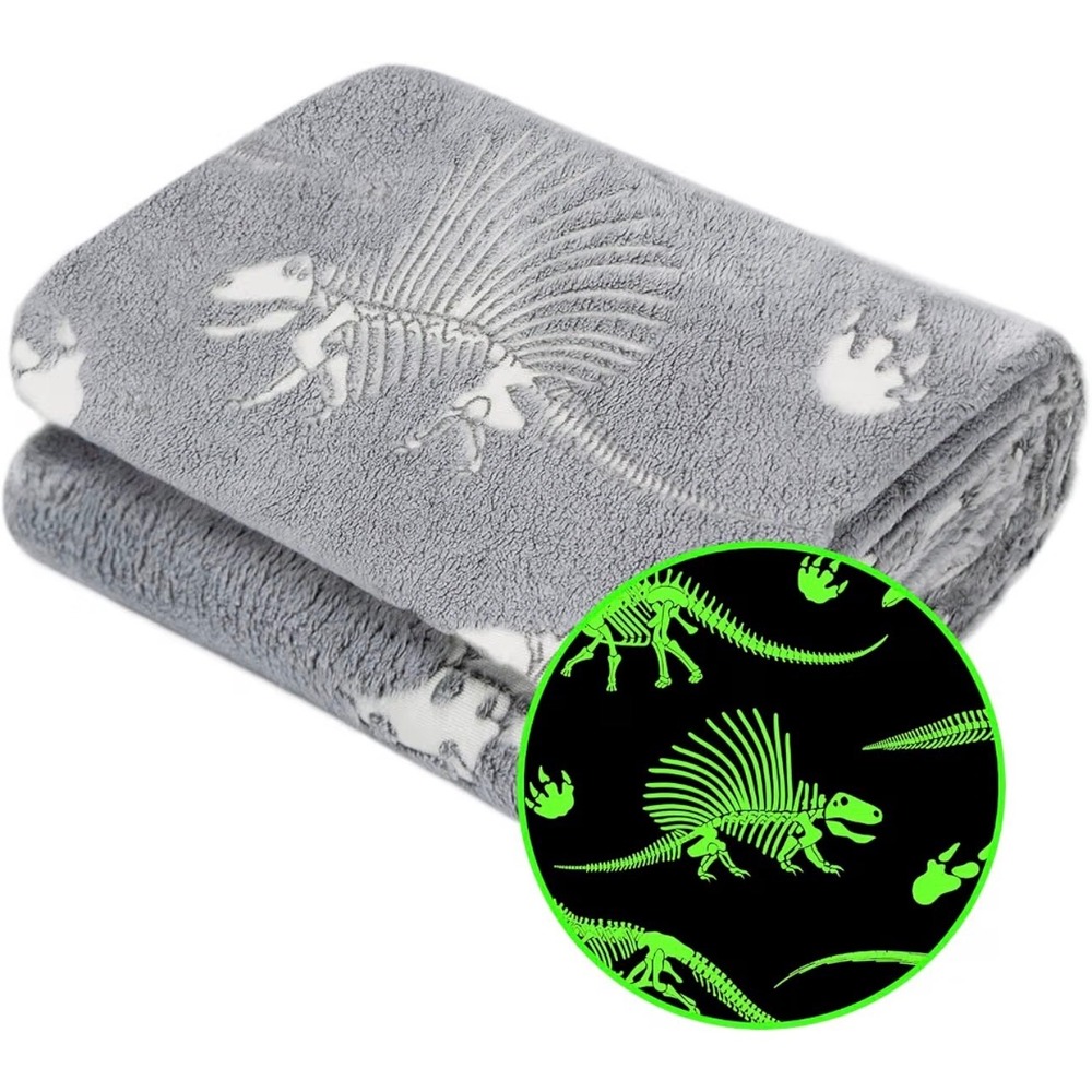 Glow in the Dark Dinosaur Skeleton Blanket Grey Plush Fleece 50x60